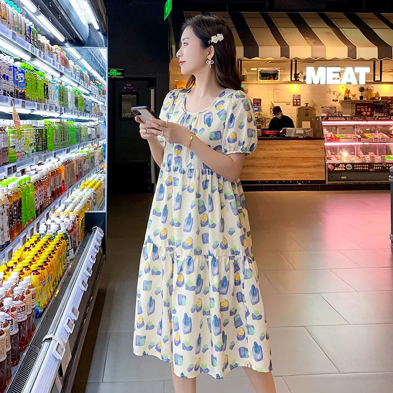 

Summer Round Collar Long Loose Pregnant Woman Dress Fashion Prinitng Ruffles Patchwork Maternity Chiffon Dress Loose Clothes