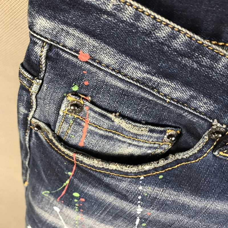 Streetwear Fashion Men Jeans High Quality Stretch Slim Fit Ripped Printed Jeans Men Painted Designer Hip Hop Brand Pants Hombre