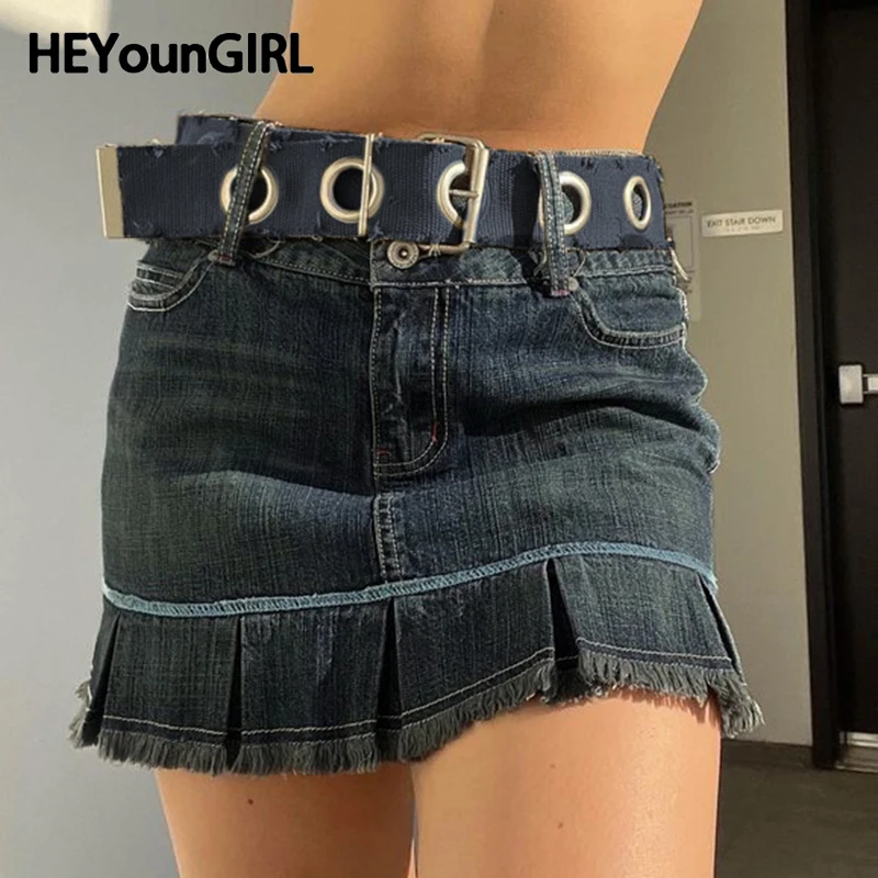 

HEYounGIRL Y2K Women Tassel Pleated Mini Skirt Vintage Casual High Waist Stitch Denim Skirts 2000s Korean Fashion Club Outfits