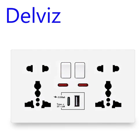 Настенная розетка Delviz 18 Вт Тип с, Умный интерфейс быстрой зарядки 4A, универсальная двойная розетка, управление переключателем, USB-порт 1A1C, электрическая розетка