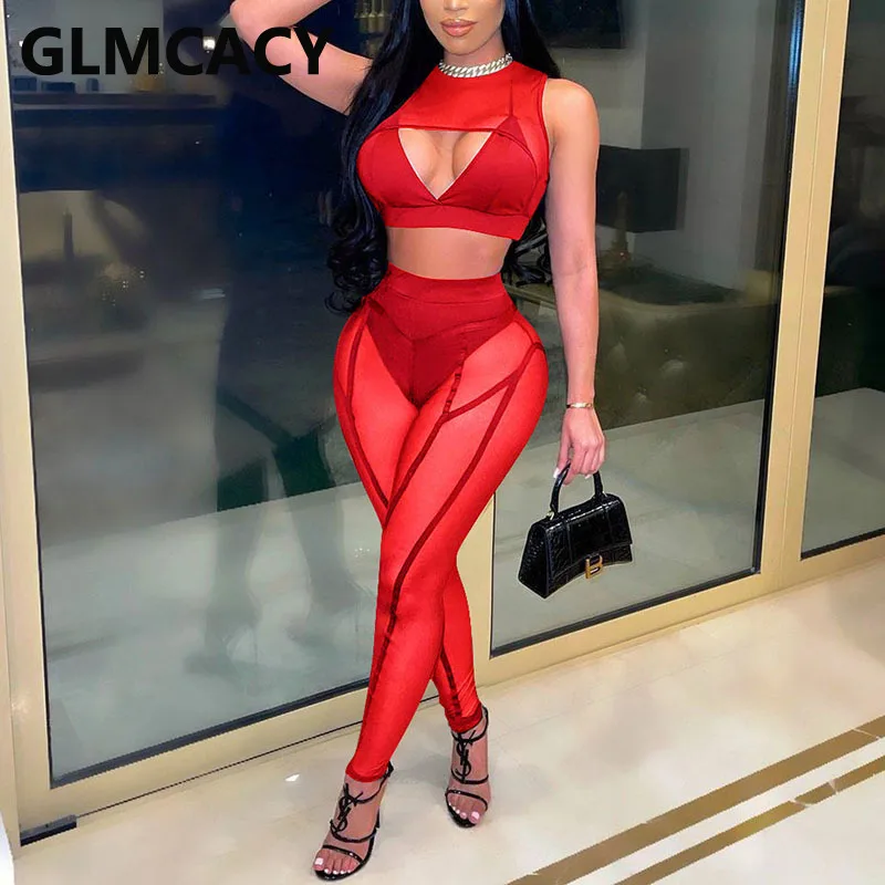 

Women Two Piece Mesh Suits Sleeveless Crop Top & Slim See Through Pants Set
