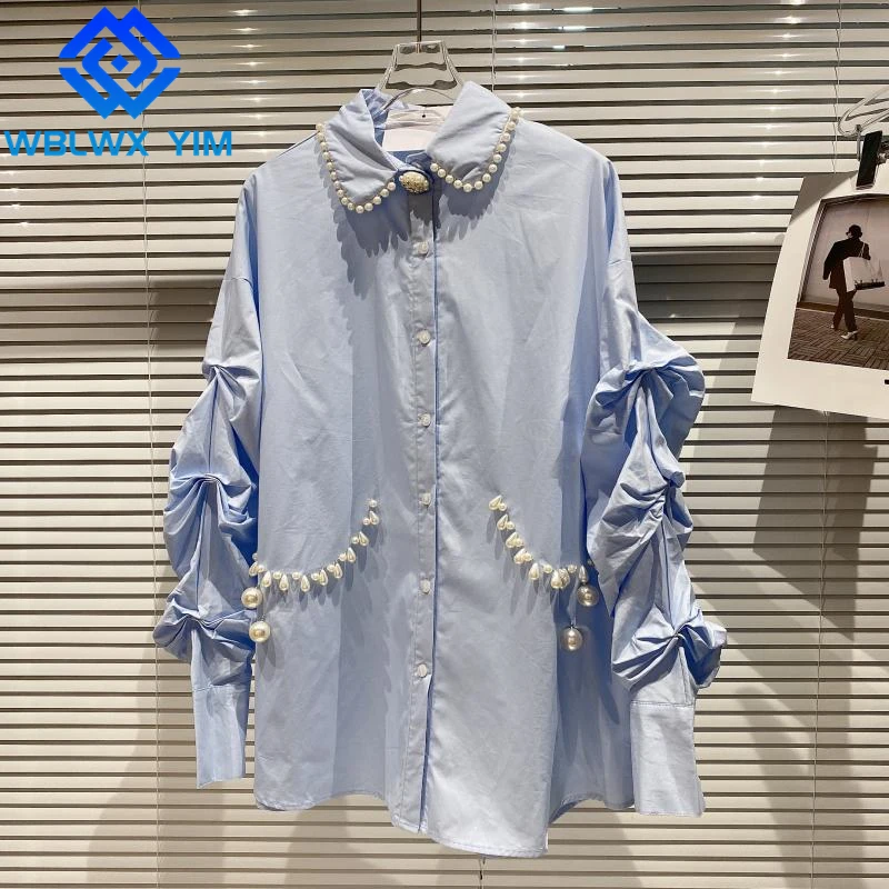 

Spring Autumn Womens Tops And Blouses Casual Fashion Beaded Shirt Coat Belt Single Breasted Lapel Long Sleeve Loose Shirts Women