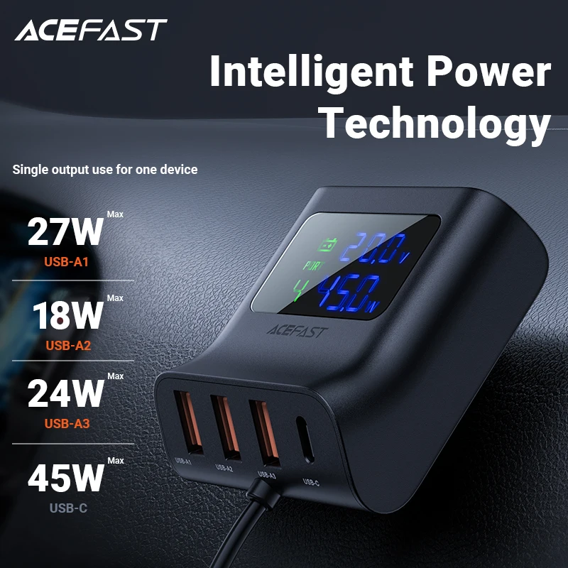 Зарядное устройство ACEFAST автомобильное с 4 USB-портами и светодиодный тметром 90 Вт |