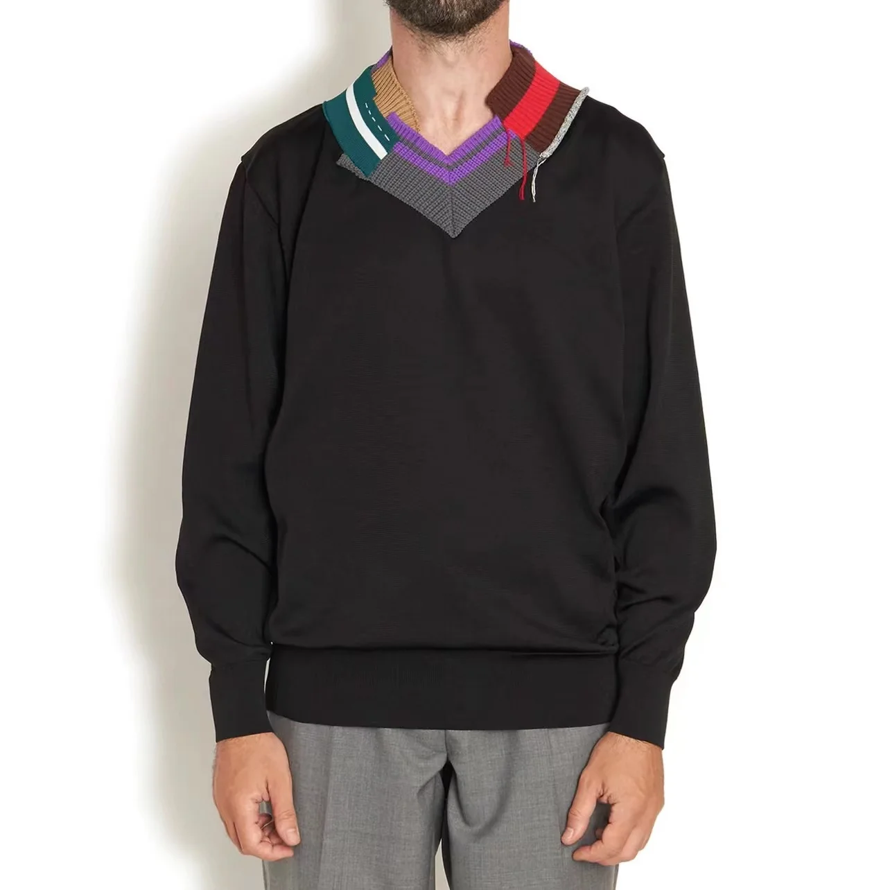 

22AW KOLOR Abe Runyi Double Color V-neck Splice Damaged Jacquard Casual Loose Pullover Men's Deep Purple Japane Casual Shirt