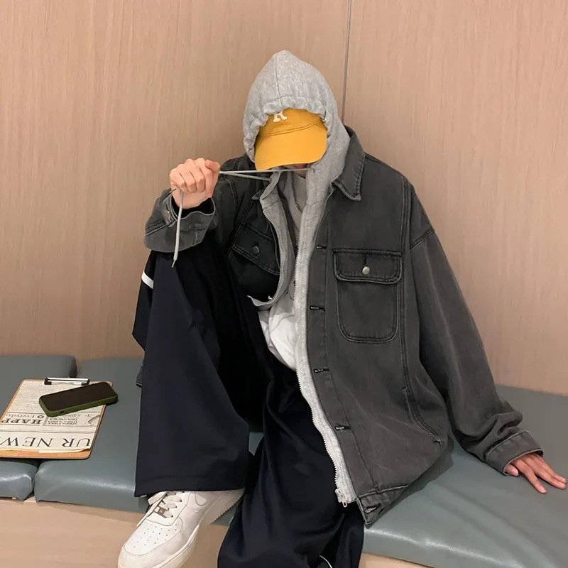 Trendy Denim Jacket For Men Loose Fit Hooded Versatile Autumn/Winter Fashion Ins Two-Piece Illusion Top Casual Scene