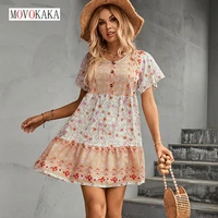movokaka summer women button print mini dress party casual holiday beach short sleeved o neck loose vestidos office lady dresses