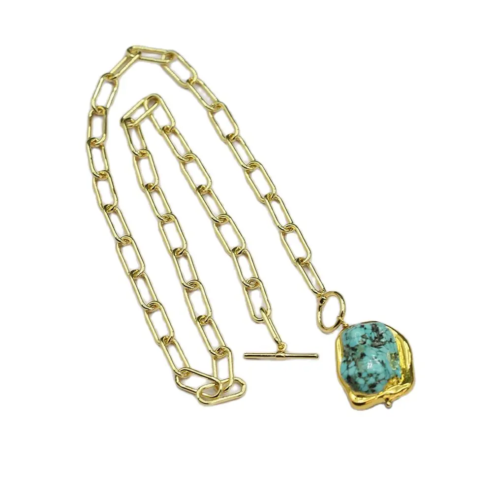 

GuaiGuai Jewelry Blue Turquoises Gold Plated Chain Chokers Necklace Pendant Designer Gems Jewelry Religious style For Lady Girls