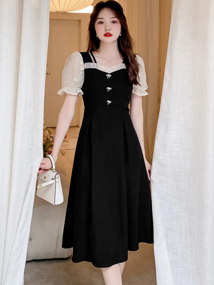 

2023 Black Patchwork Mesh Puff Sleeve Bow Ruffled Midi Dress Women Summer Korean Vintage Elegant Party Chic Sexy Evening Dresses