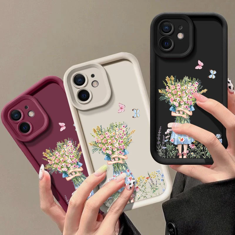 Противоударный чехол с изображением девушки цветов для iPhone 15 Pro Max 11 12 13 14 Мягкая