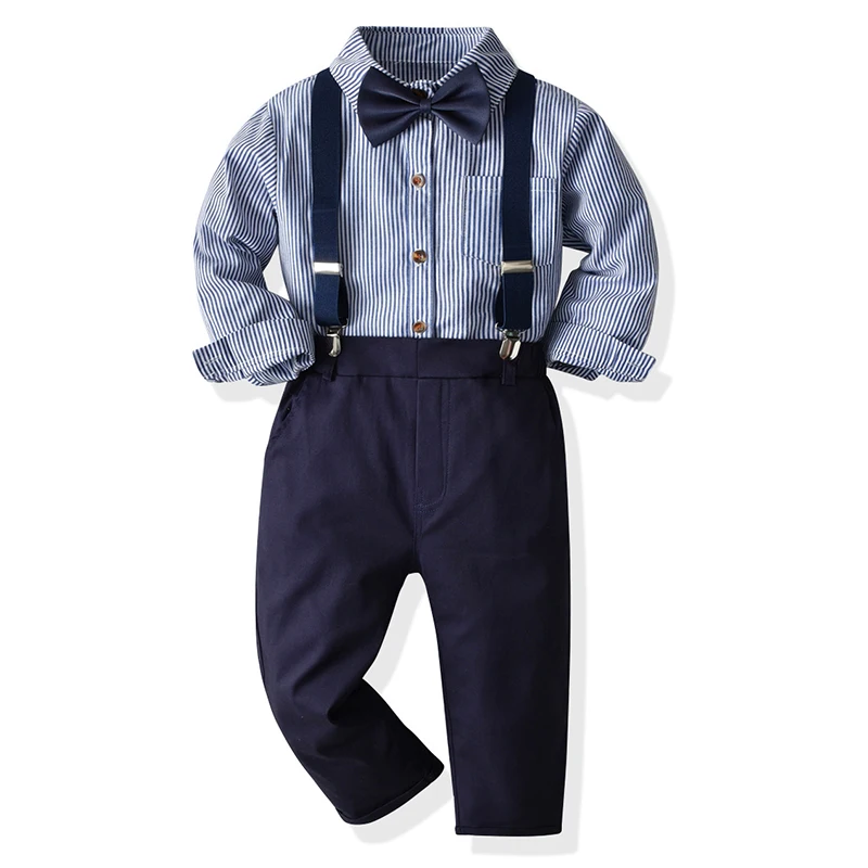 Купи Formal Party Suit Long Sleeve Striped Bowtie Shirt Tops+Suspender Trousers Baby Kids Blazers Autumn Boys Gentleman Clothing Set за 1,052 рублей в магазине AliExpress