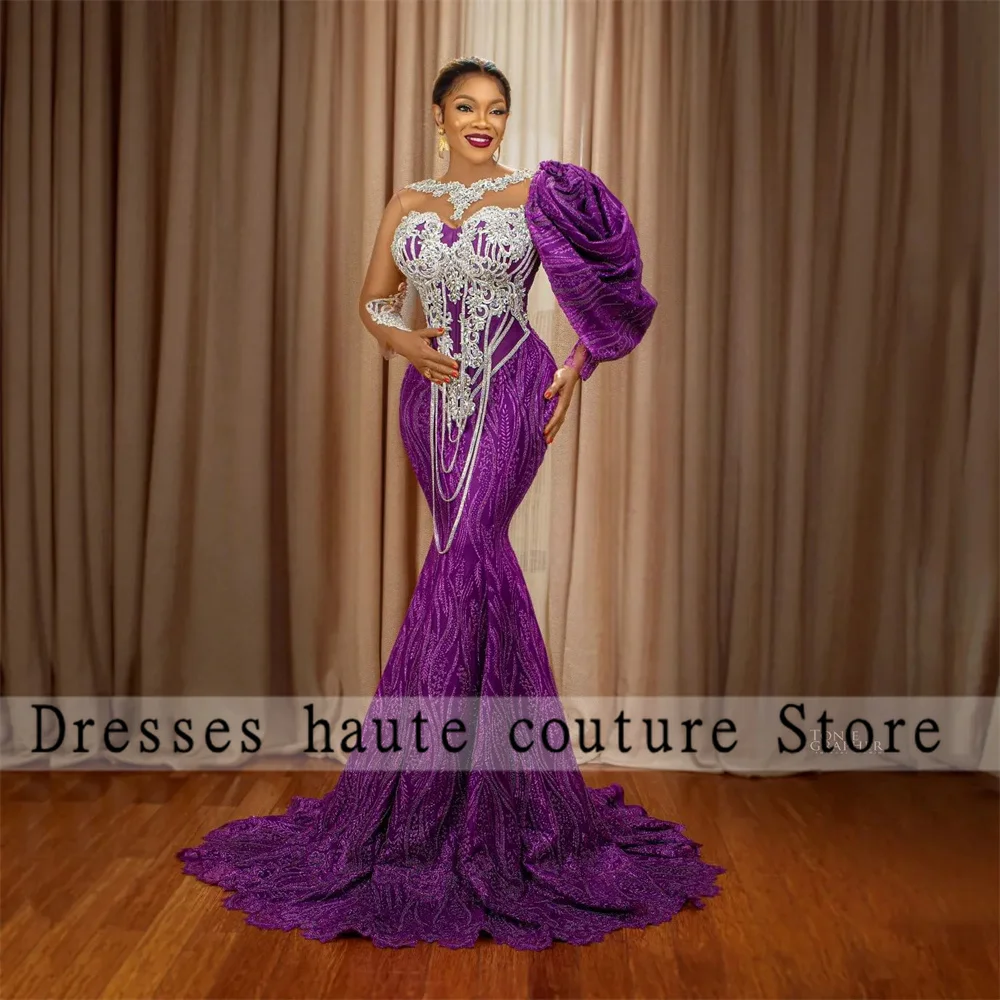 

New Arrival Aso Ebie Purple Lace Mermaid Evening Dresses Luxury 2023 Beaded Appliques Puffy Sleeve African Wedding Party Dresses