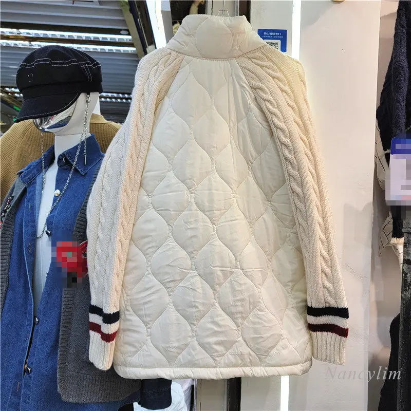 Idle Style Knitted Stitching Cotton Coat Women Autumn Winter 2022 New Temperament Oversized Thick Warm Cardigan Parka