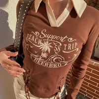 deeptown y2k vintage brown crop tshirt women 90s aesthetic street style patchwrok drawstring graphic sweatshirt long sleeve top