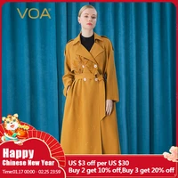 voa noble golden luxury silk trench party lapel asymmetric embroidery epaulettes design long sleeves women coats vintage fe119