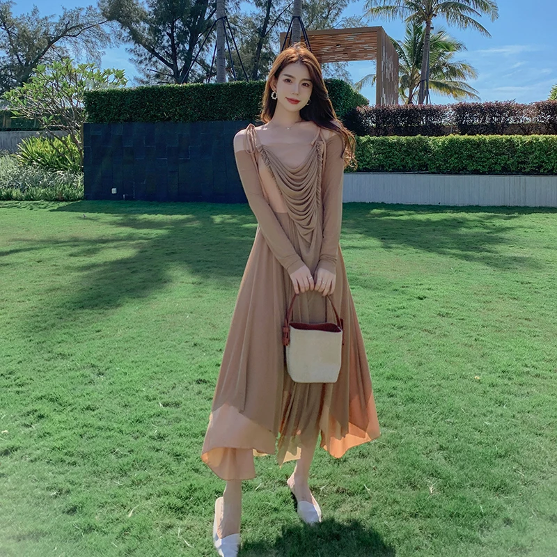 

NEW Women Long Voile Dress with Long Sleeves Summer Runway 2022 Elegant Y2k Dress Casual Beach Vacation Party Night Dresses