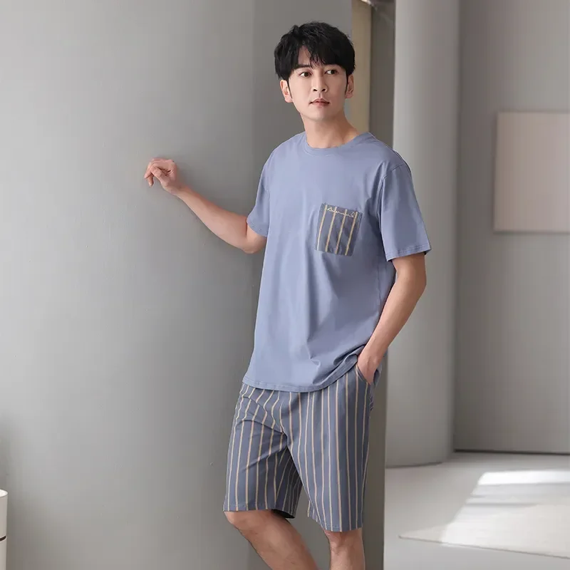 

Shorts Hombre Pijamas Sleeve Casual Summer Striped Tracksuit Male 2pc Short Pajamas + Sleepshirt Pyjamas Men Set