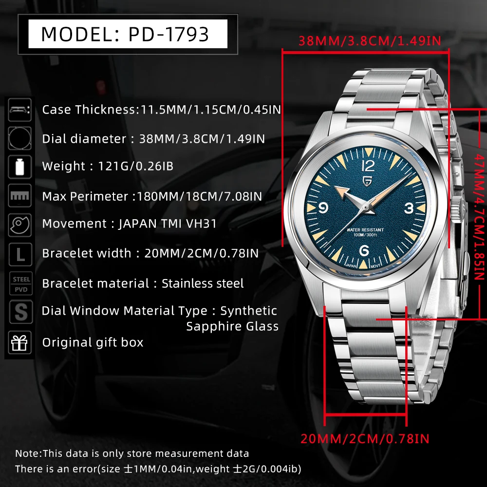 2024 PAGANI DESIGN Новые часы PD1793 38 мм Кварцевые наручные VK31 Механизм с сапфировым