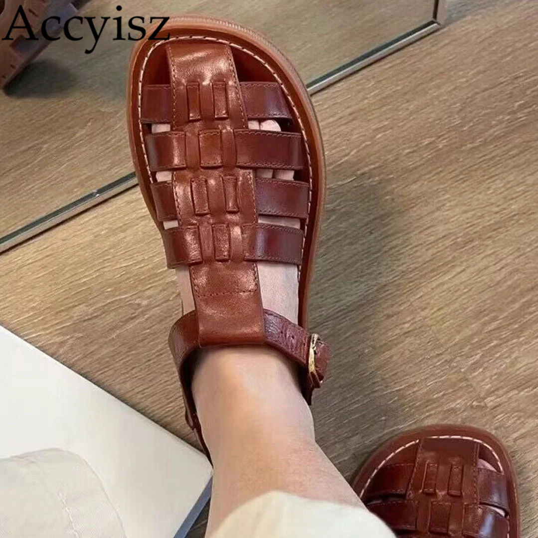 

Flat Thick Bottom Sandals Women Real Leather Retro Weave Buckle Sandalias Ladies Summer Outdoor Vacation Leisure Rome Shoes 2023