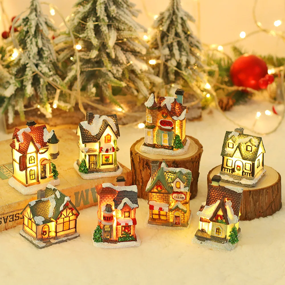

Christmas Cartoon Glow Micro Scenery Snow House Resin Handicraft Window Ornament