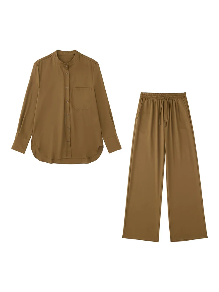 

2022 Pyjama Style Two Piece Set Women Casual Pants Sets Long Sleeve Shirt And Elastic High Waist Wide Leg Trousers Matching Sets