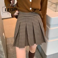 ledp korean version of fashion casual high waist retro college style autumn brown plaid skirt female a line pleated skirt girl