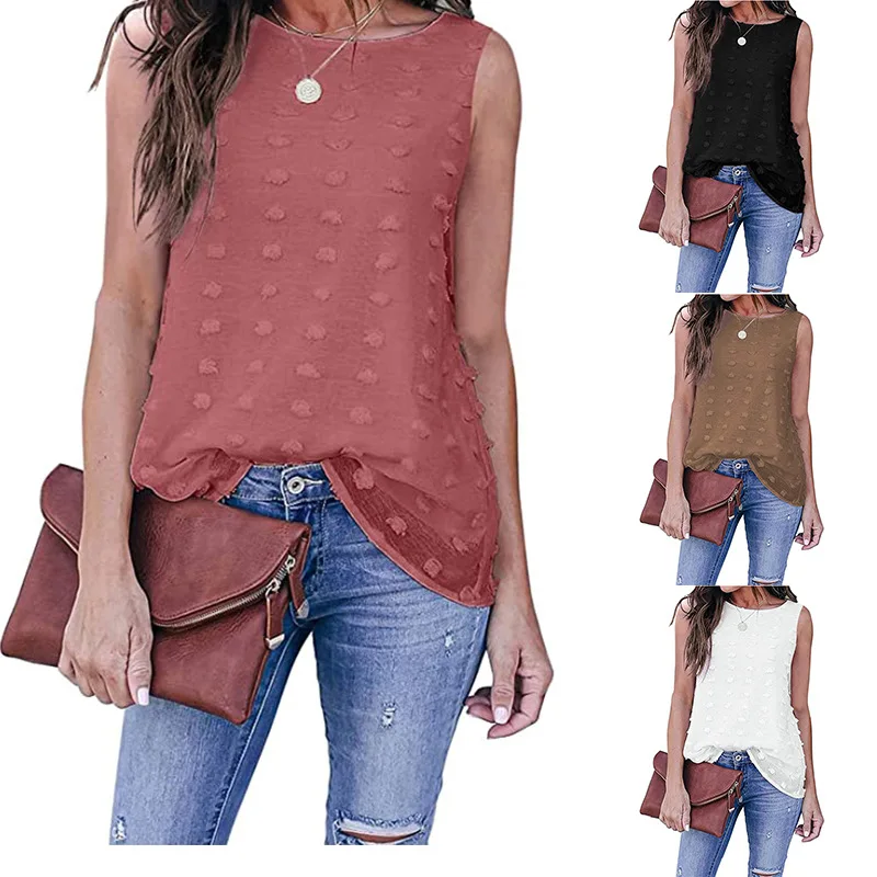 

2023 Blouse Women's Embroidered Tulle Fake Two Sleeveless Chiffon Shirt Tops Round Neck Elegant Casual Women Fashion Loose Tops