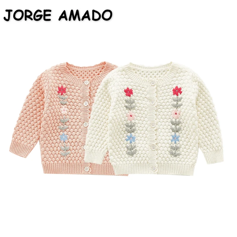 

Новинка, Осенний вязаный однобортный свитер для девочек розового, бежевого цветов, трикотажная одежда с длинными рукавами и вышивкой, шерст...