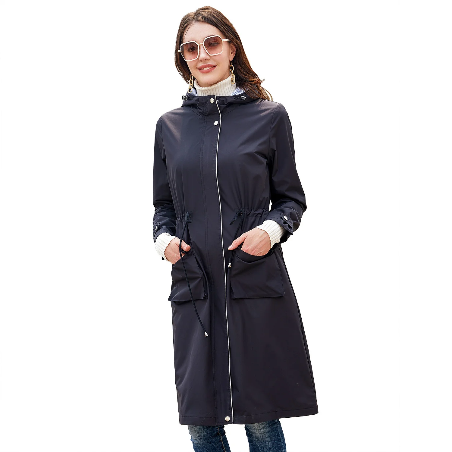 

Women Long Coat Slim Hooded Autumn Outerwear European Casual Windbreaker Anti Splash Top Striped Lining Straight Sleeve Coat
