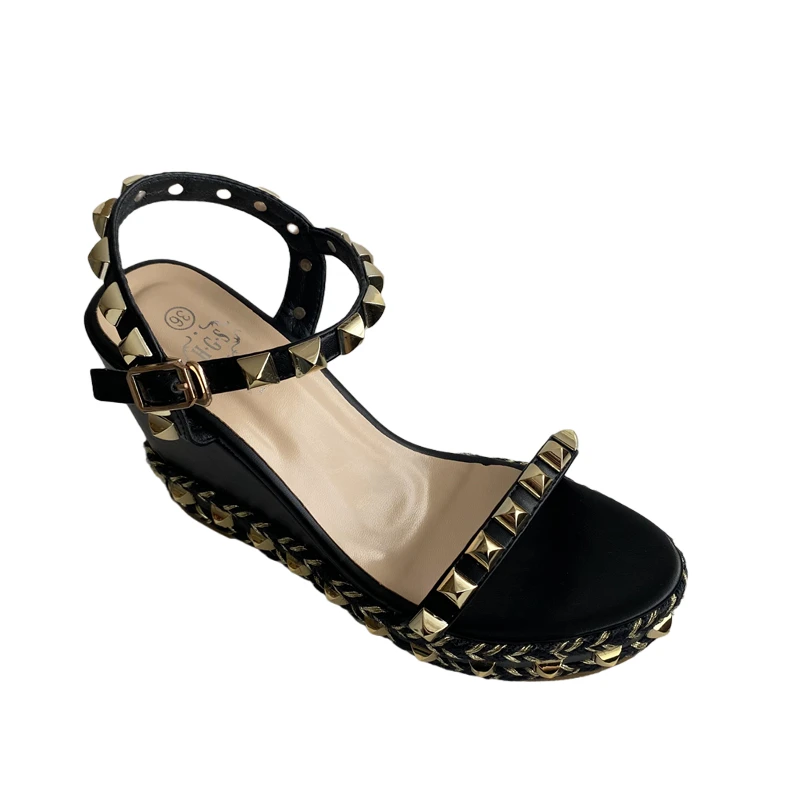 

Wedges Shoes For Women Gold Rivet Platforms High Heels 12cm Gladiator Sandals Summer Ladies Shoes Black Sandales Femmes
