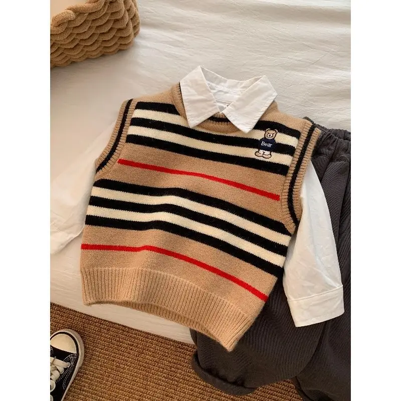 Вязаный жилет с рисунком медведя для маленьких девочек и мальчиков полосатый