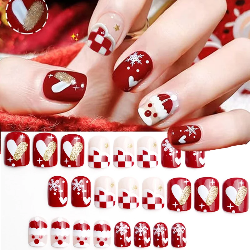 

Christmas Fake Nails 24pcs Artificial Press On Nails Xmas False Nail Short Square Manicure Full Cover Nails Tips Art Stick