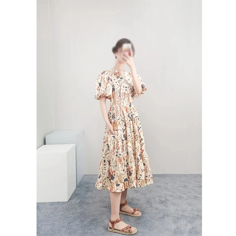 

2023 Summer Cotton Vintage Long Women Dress for Holiday Top Quality Floral Print Short Sleeve Clothes