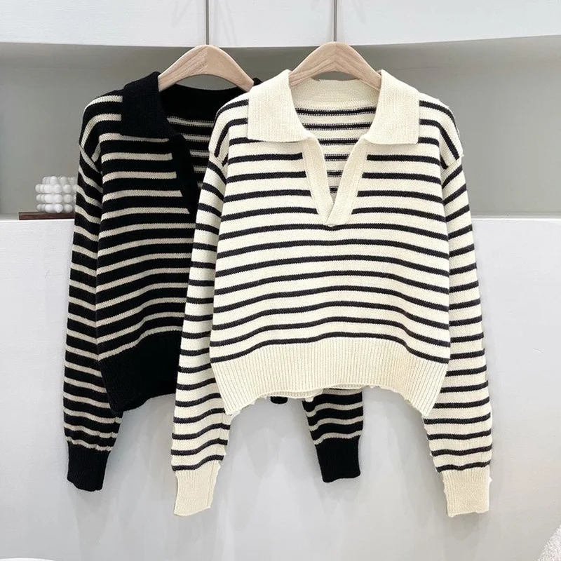

2022 Early Autumn Sweater Women's Loose Pullover Long-sleeved Coat Top Autumn Coat New Striped Knitted Tops