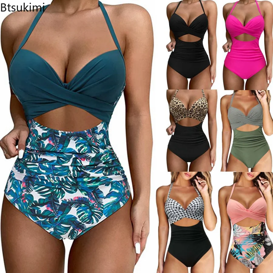 

Women Swimming Bathing Suit 2023 Summer Beachwear Ruched Sexy Bikini Bodysuit Push Up Print Hollow Swimwear High Waist Tankini
