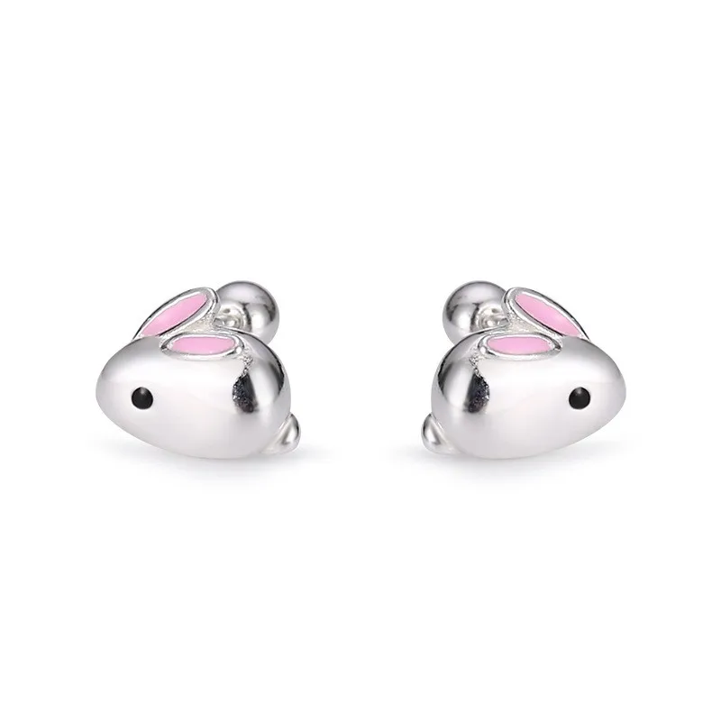 

C00346 ZFSILVER S999 Silver Korean Fashion Lovely Animal Rabbit Screw Ball Stud Earrings Jewelry For Women Girls Match-all Gifts