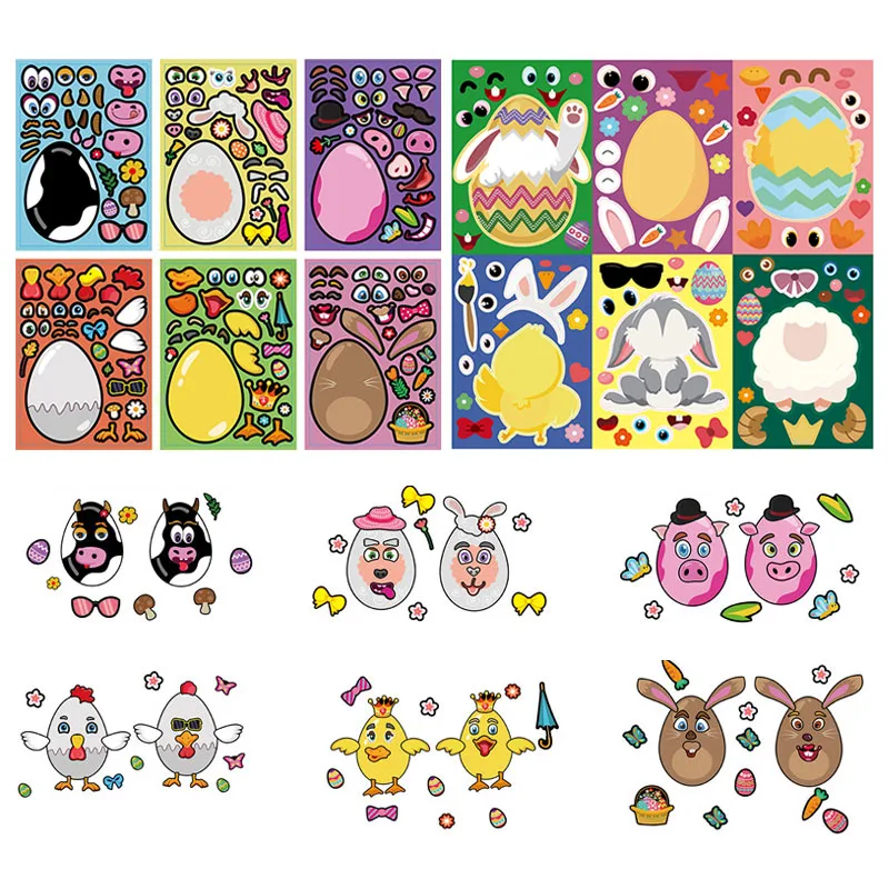 

Children DIY Easter Stickers Sheets Cartoon Bunny Chick Eggs Jigsaw Sticker Puzzle Games Kids Creativity Training Education Toys