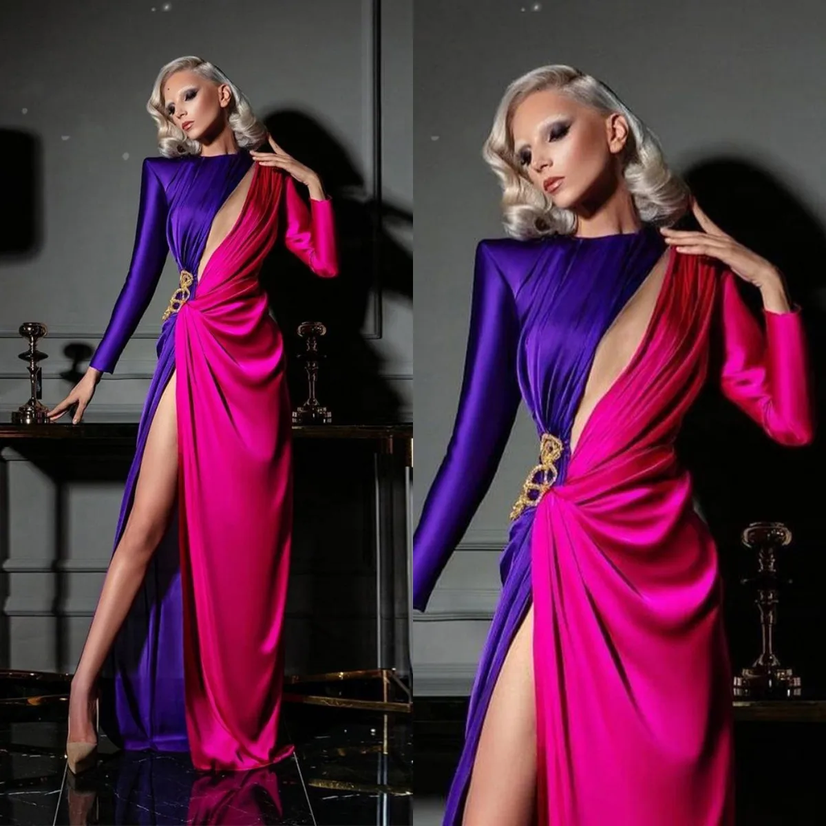 

Purple And Fuchsia Arabic Evening Dresses Long Sleeves Satin Prom Gowns High Slit Dubai Formal Women Party Dress robes du soir