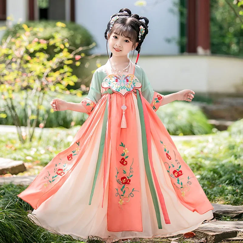 

Традиционный костюм ханьфу для девочек в Восточном китайском стиле, традиционное китайское платье, детская одежда для выступлений династии Тан