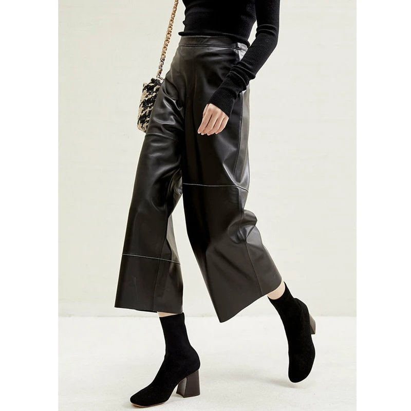 2023 Real Leather Sheepskin Pants For Women Autumn/Winter Fashion Commuter Style Versatile Slim Line Design Wide Leg Straight