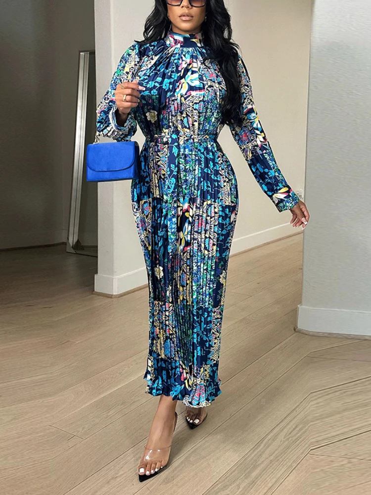 

Women Sexy Long Printed Dresses Pleated Elegant Half Stand Collar Lantern Sleeve Sash Wrapped Retro African Female Autumn 2023