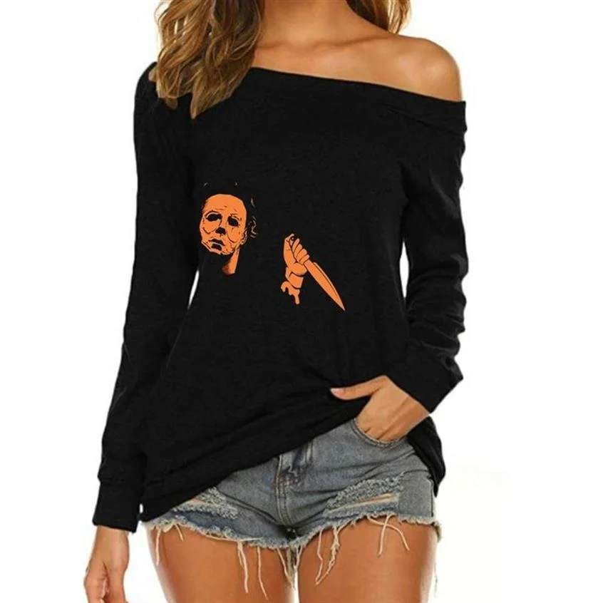 

Halloween Print Women's Sexy T-shirts Autumn Tops Fashion Long Sleeves Black Tees Ladies Street Casual Sloping Off Shoulder