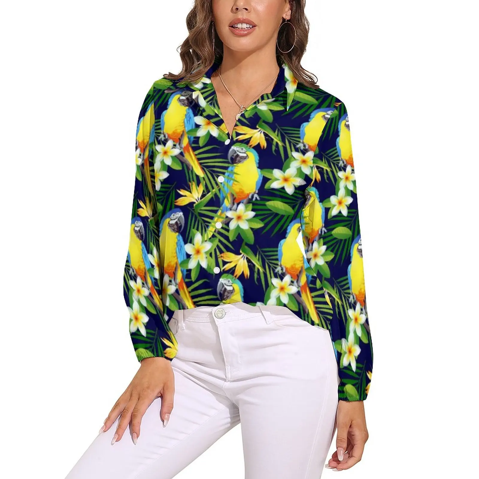 

Блузка женская с длинным рукавом и принтом «попугаи и гибискус»