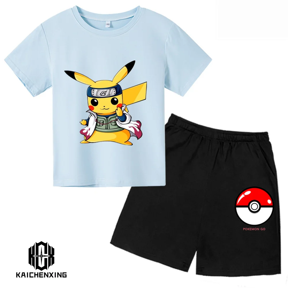 

Pokemon Boys Clothes Tops Summer Cotton Kids Short Sleeve Tees Costume Cartoon Children Girls Fashion T Shirts Set for Men Women