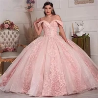 princess pink ball gown quinceanera dresses puffy off shoulder appliques sweet 15 16 dress graduation pageant prom gowns vestido