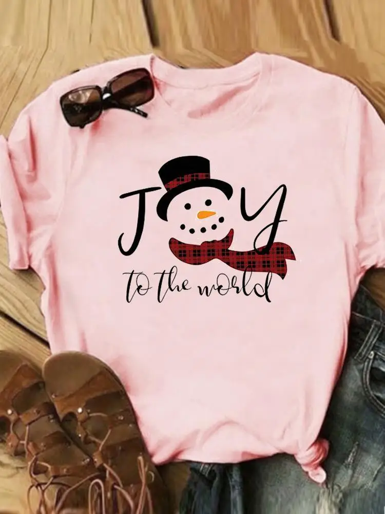 

Праздничная клетчатая Милая одежда с изображением снеговика, женская футболка с графическим рисунком на новый год, Счастливого Рождества, ...