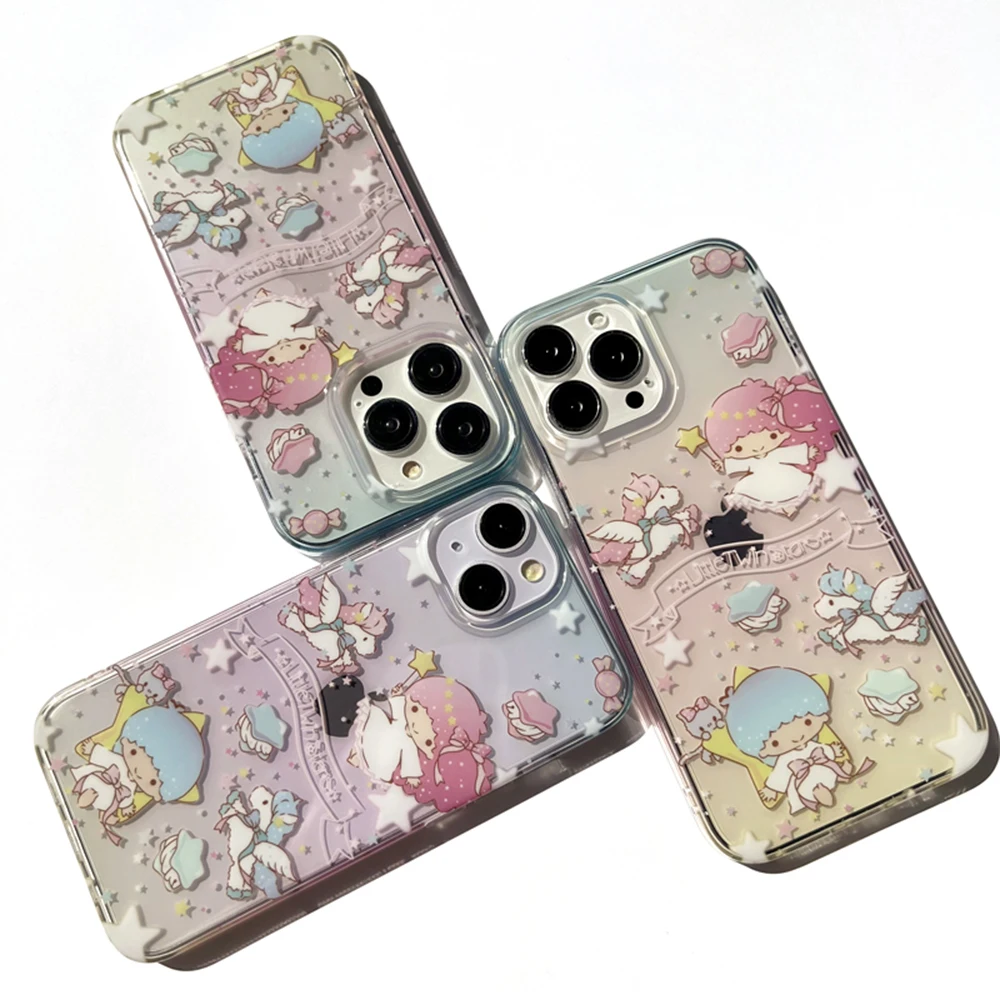 

Kawaii 3D Little Twin Stars Clear Gradient Colorful Phone Cases for IPhone 15 14 13 12 11 Pro Max XR Back Cover Y2k Girl Gift