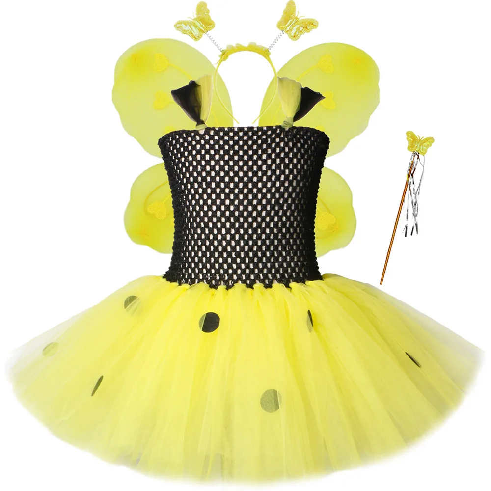 

Bumble Bee Tutu Dress for Baby Girls Birthday Outfit Halloween Costume for Kids Honeybee Cosplay Dresses with Wing Headband Set