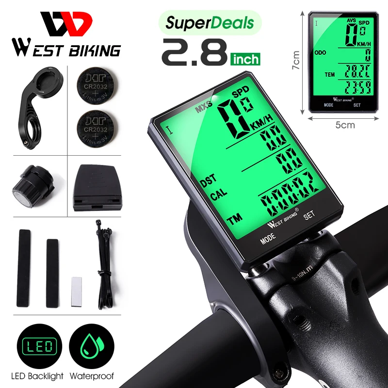 

WEST BIKING Cycling Speedometer 2.8'' Large Screen Waterproof 20 Functions Wireless and Wired MTB Bike Odometer Bicycle Computer