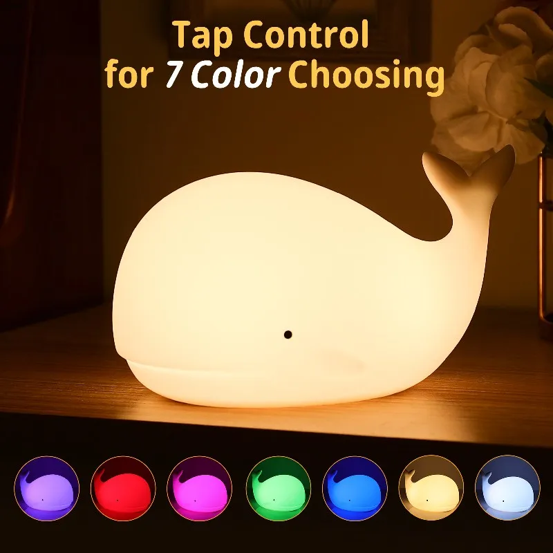 Children Led Luminous Whale Night Light 7-color Usb Rechargeable Silicone Room Decoration Table Lamp Perfect Baby Gift