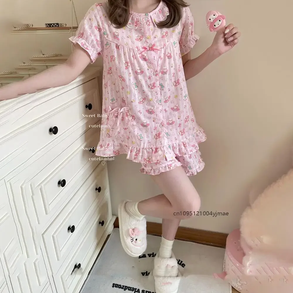 Фото 2 шт. Sanrio My Melody, милый розовый сладкий пижамный костюм Y2K Kt Cat, домашняя одежда, женская верхняя рубашка с короткими рукавами, шорты, летняя одежда для сна №2